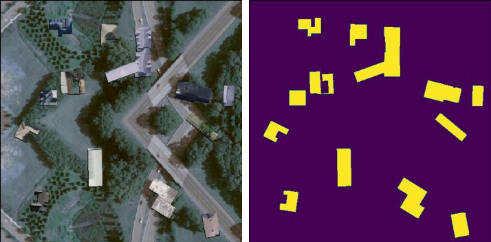 Satellite image and its building-area segmentation mask